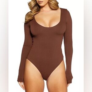 Naked Wardrobe Come Around Long-Sleeve Bodysuit Chocolate Brown